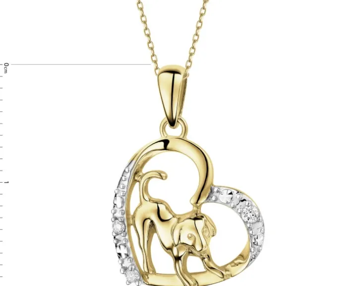 Zawieszka z żółtego złota z brylantami - serce, piesek - 0,03 ct - próba 375