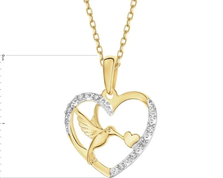 Zawieszka z żółtego złota z diamentami - koliber, serca - 0,03 ct - próba 585