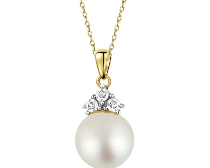 Zawieszka z żółtego złota z diamentami i perłą - próba 585