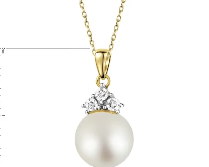 Zawieszka z żółtego złota z diamentami i perłą - próba 585