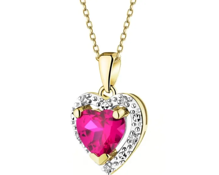 Zawieszka z żółtego złota z diamentami i rubinem syntetycznym - serce - próba 375