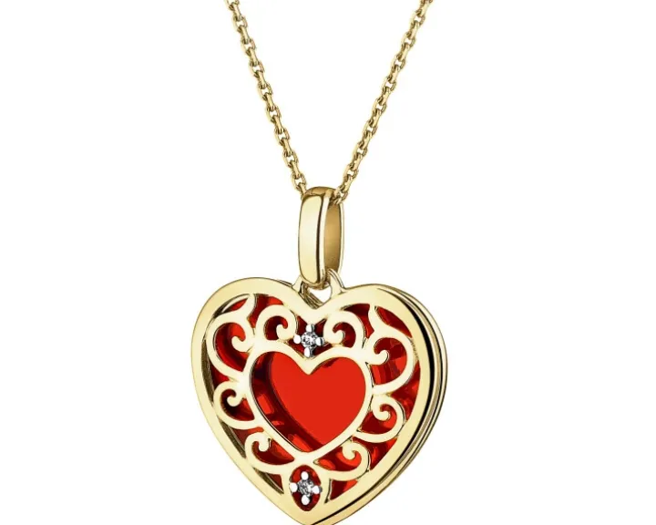 Zawieszka z żółtego złota z diamentami i emalią - serce - 0,008 ct - próba 375