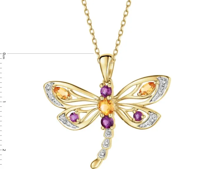 Zawieszka z żółtego złota z diamentami i kamieniami ozdobnymi - ważka - próba 585