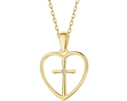 Zawieszka z żółtego złota z diamentem - serce, krzyż - 0,002 ct - próba 585