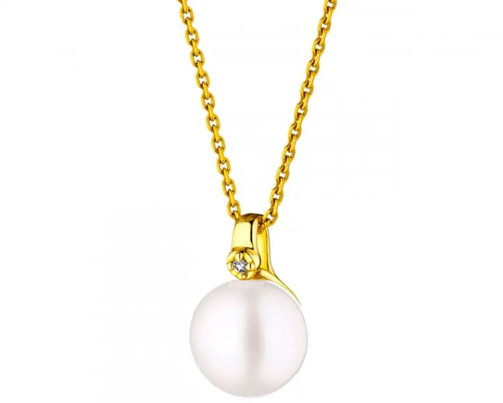 Zawieszka z żółtego złota z diamentem i perłą - próba 585