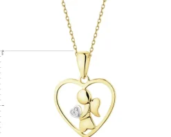 Zawieszka z żółtego złota z diamentem - serce, aniołek - 0,003 ct - próba 585