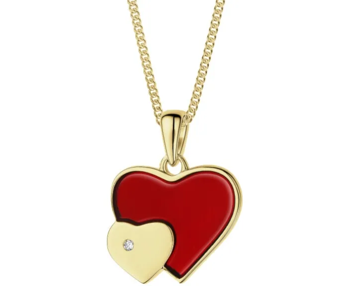 Zawieszka z żółtego złota z diamentem i emalią - serca - 0,004 ct - próba 375