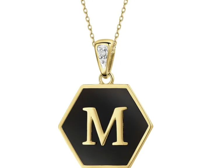Zawieszka z żółtego złota z diamentem i onyksem - litera M - próba 375