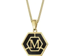 Zawieszka z żółtego złota z diamentem i onyksem - litera M - próba 375
