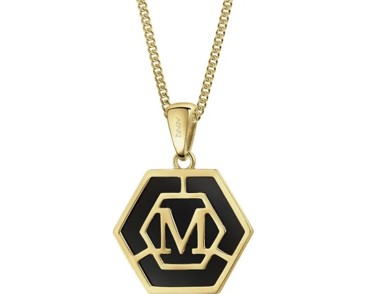 Zawieszka z żółtego złota z diamentem i onyksem - litera M - próba 375