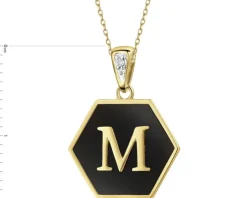 Zawieszka z żółtego złota z diamentem i onyksem - litera M - próba 375
