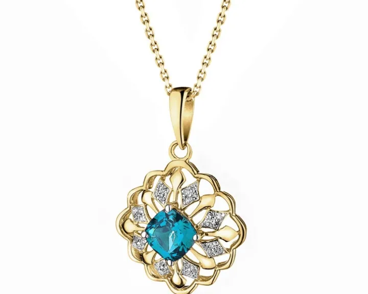 Zawieszka z żółtego złota z diamentami i topazem London Blue - próba 585