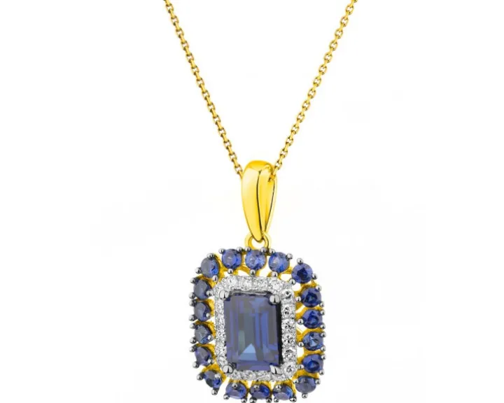 Zawieszka z żółtego złota z diamentami i szafirami syntetycznymi - próba 585