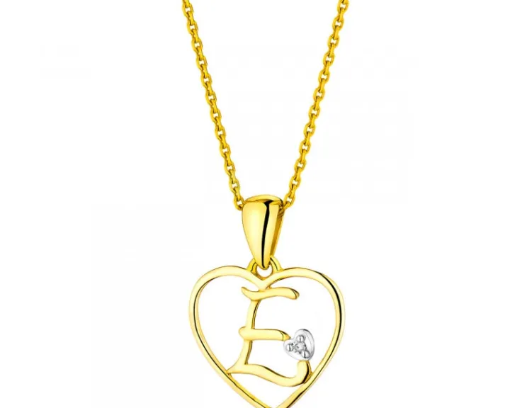 Zawieszka z żółtego złota z diamentem - litera E, serce - 0,005 ct - próba 375
