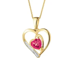 Zawieszka z żółtego złota z diamentem i rubinem syntetycznym - serca - próba 375