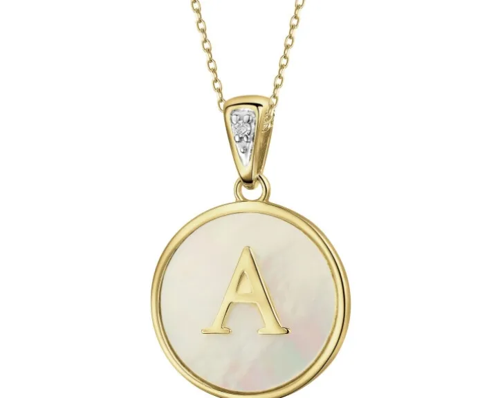 Zawieszka z żółtego złota z diamentem i masą perłową - litera A - próba 375