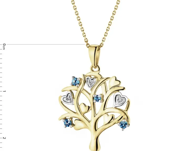 Zawieszka z żółtego złota z diamentami i topazami London Blue - drzewko - próba 375