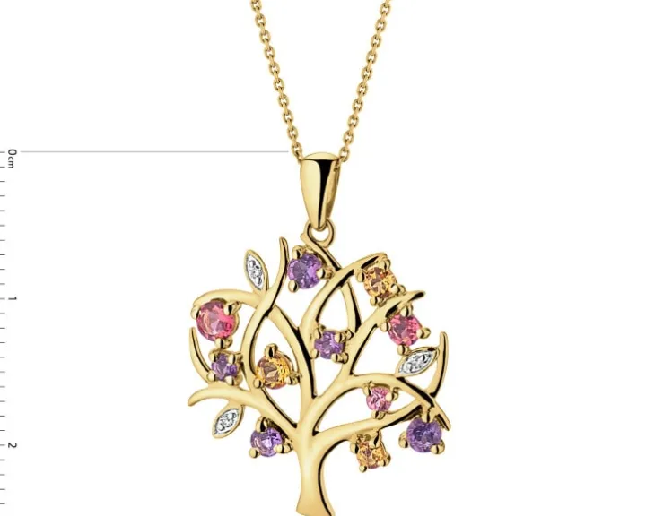 Zawieszka z żółtego złota z diamentami i kamieniami ozdobnymi - drzewko - próba 375