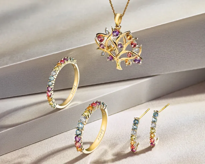 Zawieszka z żółtego złota z diamentami i kamieniami ozdobnymi - drzewko - próba 375