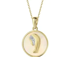 Zawieszka z żółtego złota z diamentami i masą perłową - medalik Matka Boska - próba 375