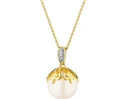 Zawieszka z żółtego złota z diamentami i perłą - próba 585
