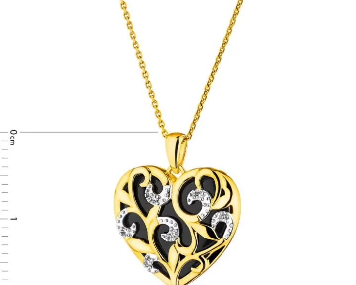 Zawieszka z żółtego złota z diamentami i onyksem - serce - próba 585