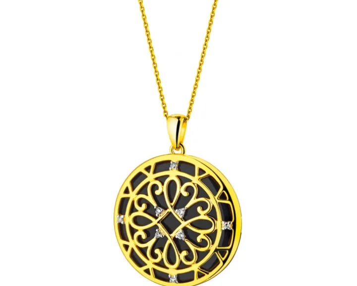 Zawieszka z żółtego złota z diamentami i onyksem - rozeta - próba 585