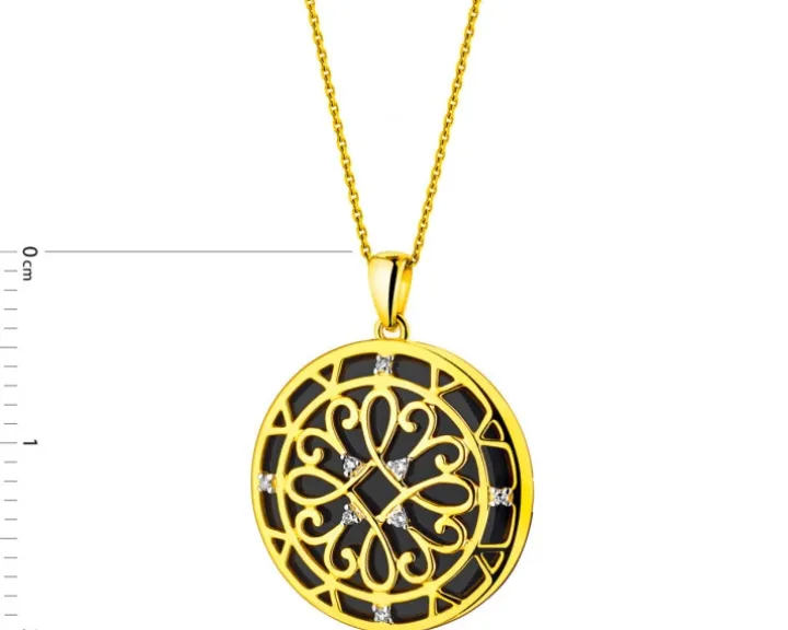 Zawieszka z żółtego złota z diamentami i onyksem - rozeta - próba 585