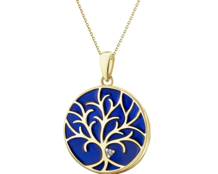 Zawieszka z żółtego złota z diamentem i emalią - drzewko - 0,005 ct - próba 375