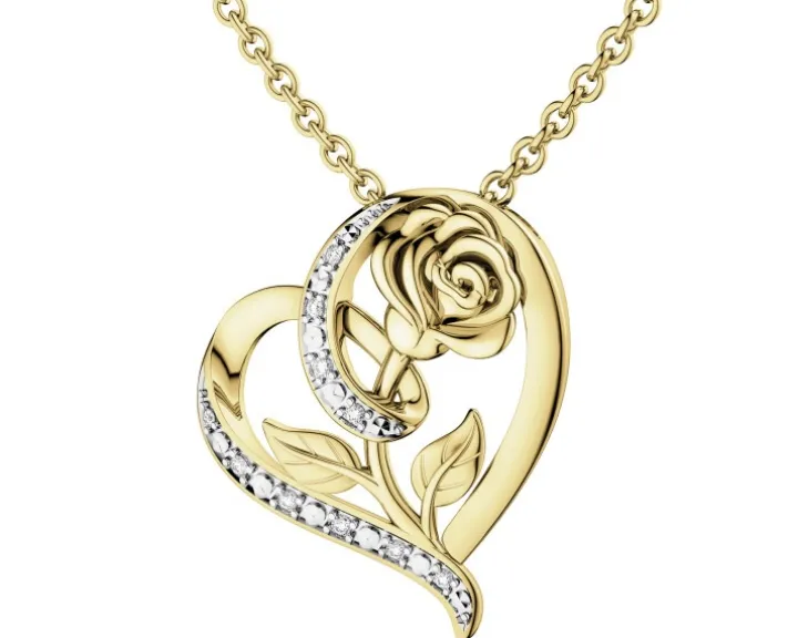 Zawieszka z żółtego złota z diamentami - serce, róża - 0,05 ct - próba 585