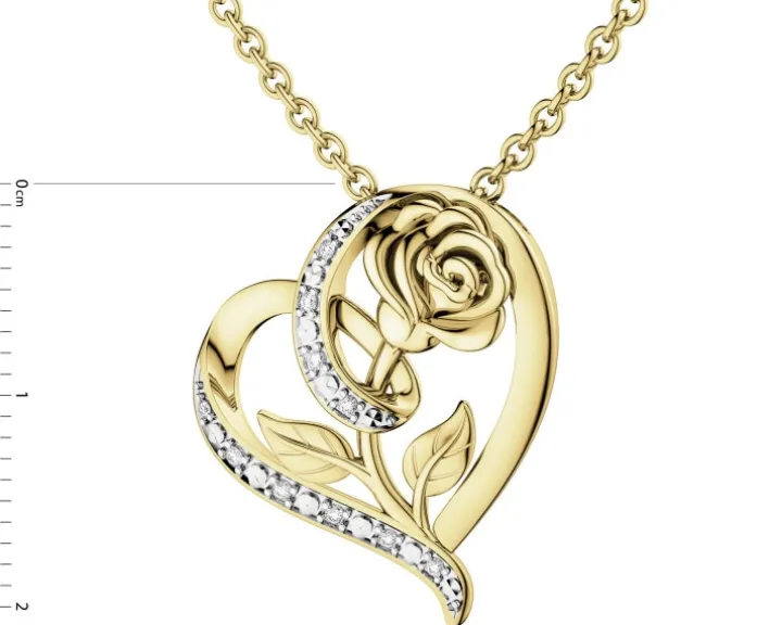 Zawieszka z żółtego złota z diamentami - serce, róża - 0,05 ct - próba 585