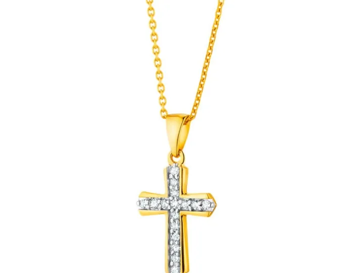 Zawieszka z żółtego złota z diamentami - krzyż - 0,04 ct - próba 585