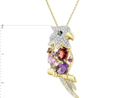 Zawieszka z żółtego złota z diamentami, kamieniami szlachetnymi i ozdobnymi - papuga - 0,14 ct - próba 585