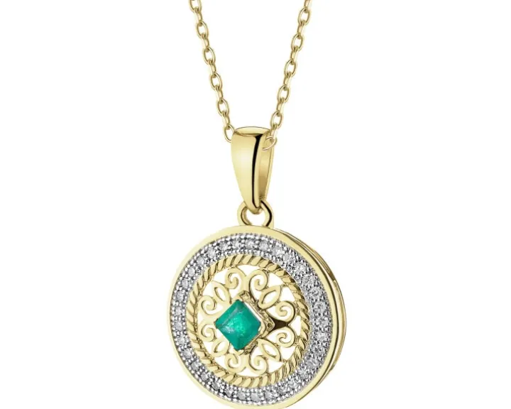 Zawieszka z żółtego złota z diamentami i szmaragdem - rozeta - próba 585