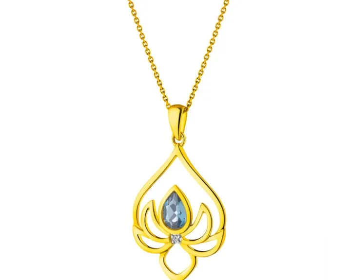 Zawieszka z żółtego złota z diamentem i topazem London Blue - kwiat lotosu - próba 585