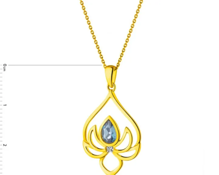 Zawieszka z żółtego złota z diamentem i topazem London Blue - kwiat lotosu - próba 585