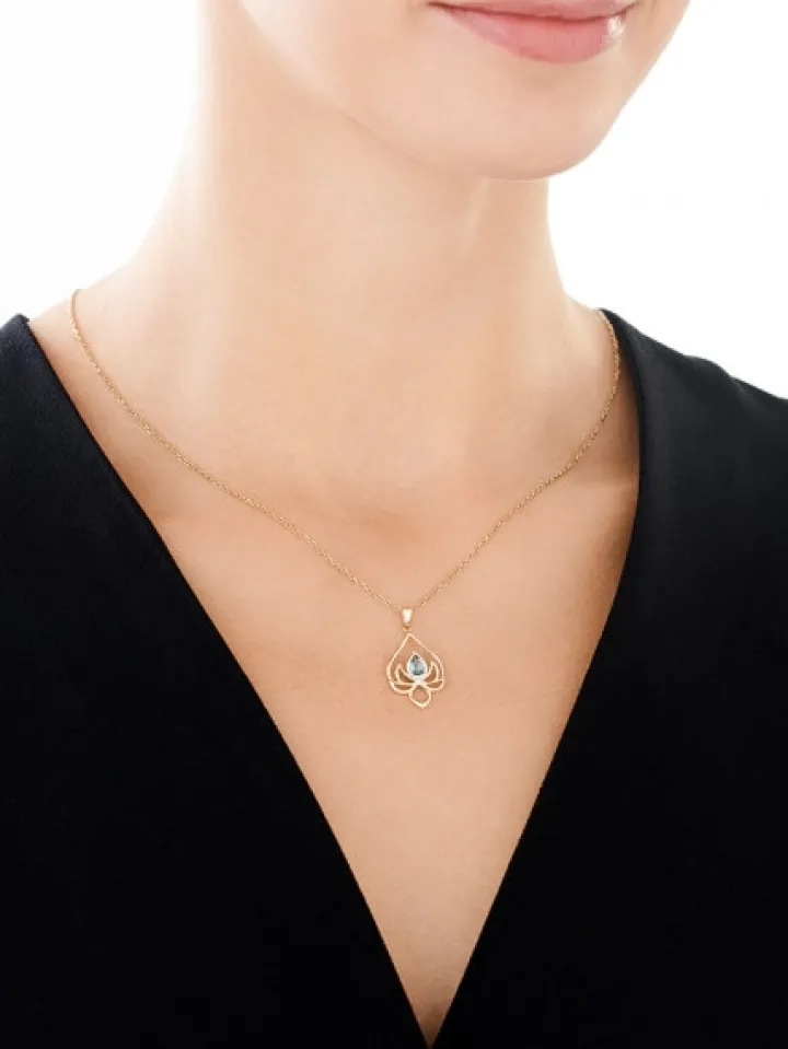 Zawieszka z żółtego złota z diamentem i topazem London Blue - kwiat lotosu - próba 585