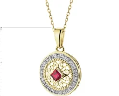 Zawieszka z żółtego złota z diamentami i rubinem - rozeta - próba 585
