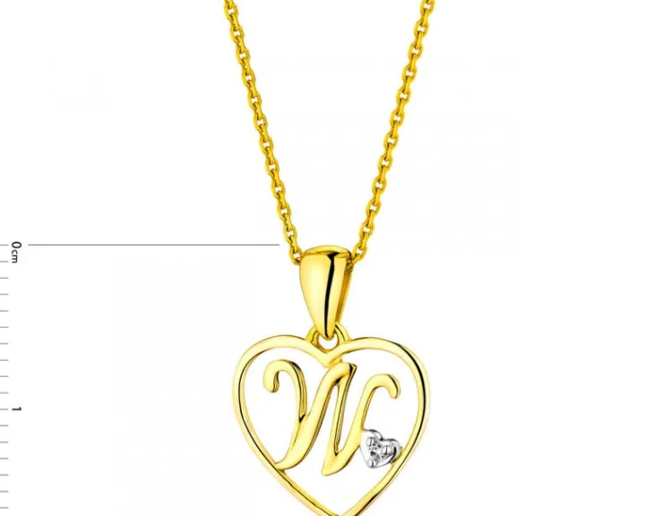 Zawieszka z żółtego złota z diamentem - litera W, serce - 0,005 ct - próba 375
