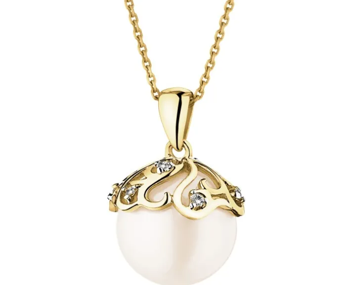 Zawieszka z żółtego złota z diamentami i perłą - próba 585