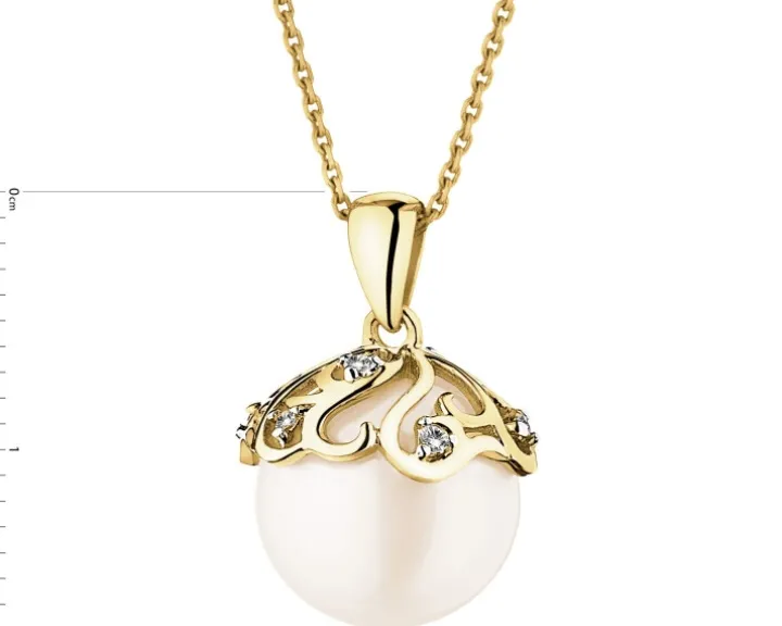 Zawieszka z żółtego złota z diamentami i perłą - próba 585