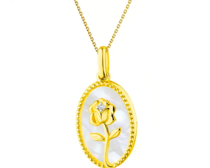 Zawieszka z żółtego złota z diamentem i masą perłową - róża - próba 375