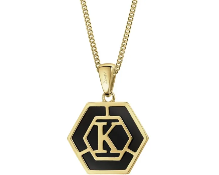 Zawieszka z żółtego złota z diamentem i onyksem - litera K - próba 375