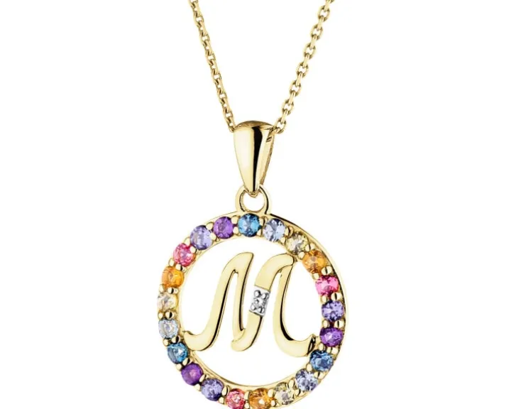 Zawieszka z żółtego złota z diamentem, kamieniami szlachetnymi i ozdobnymi - litera M - próba 375