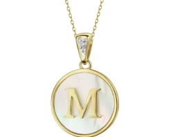 Zawieszka z żółtego złota z diamentem i masą perłową - litera M - próba 375