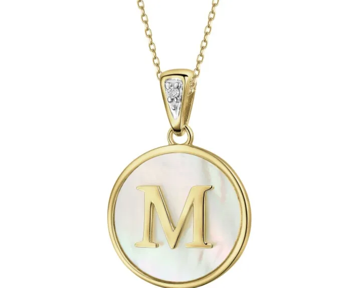 Zawieszka z żółtego złota z diamentem i masą perłową - litera M - próba 375