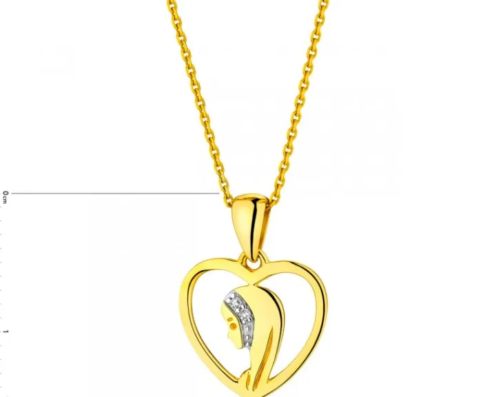 Zawieszka z żółtego złota z diamentami - medalik Matka Boska, serce - 0,006 ct - próba 585