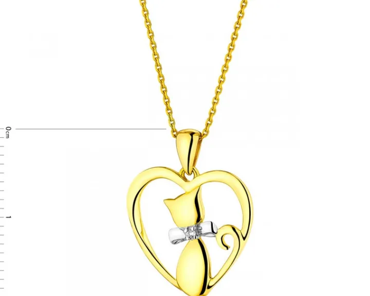Zawieszka z żółtego złota z diamentem - kot, serce - 0,006 ct - próba 375