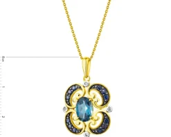 Zawieszka z żółtego złota z diamentami, szafirami i topazem London Blue - próba 585