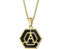 Zawieszka z żółtego złota z diamentem i onyksem - litera A - próba 375